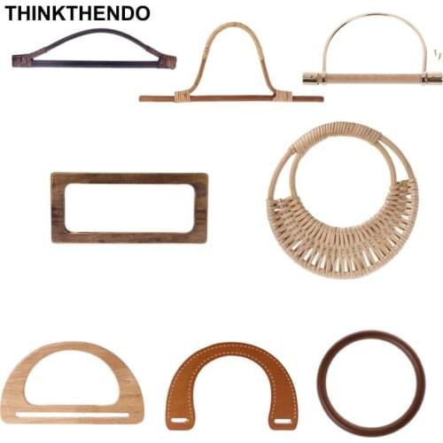 1 Pcs Wooden Rattan Bag Handle Replacement for DIY Making Purse Handbag Tote Round Rectangle Shaped