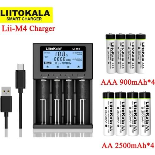 LiitoKala Lii-M4 li ion battery Charger Smart Charger Test capacity + Lii-AA AAA 1.2V NiMH 900mAh 2500mAh Rechargeable batteries