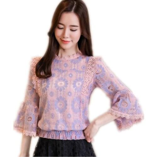 Lace 2018New Sweet Women Spring Summer Short Blouses Female Fashion Flare Sleeve Shirts Three Quarter Slim Print OL Blouse Q006