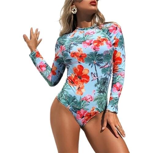 Women Backless One-Piece Swimsuit Padded Wire-Free Flower Print Long Sleeve Turtleneck Swimwear For Women Summer Bathing Suits