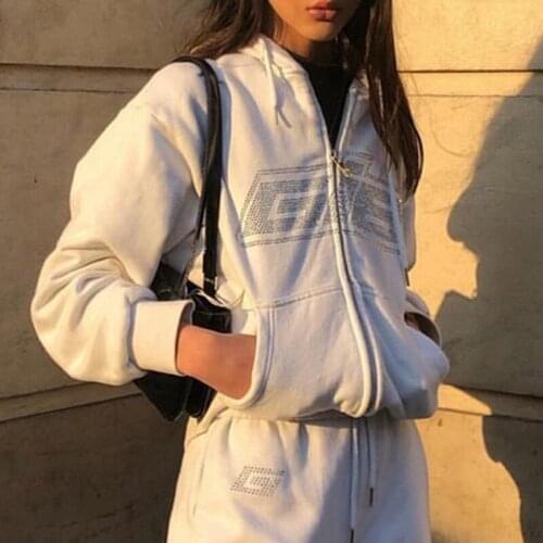 Women Autumn 2021 Zipper Rhinestone Letter Print Hoodies Long Sleeve Hooded Sweatshirt Fashion Casual Female Clothing Streetwear