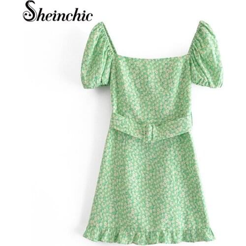 Vestidos De Mujer Casual 2021 Summer Women Fashion Elegant Short Sleeve Green Floral Woman Dress