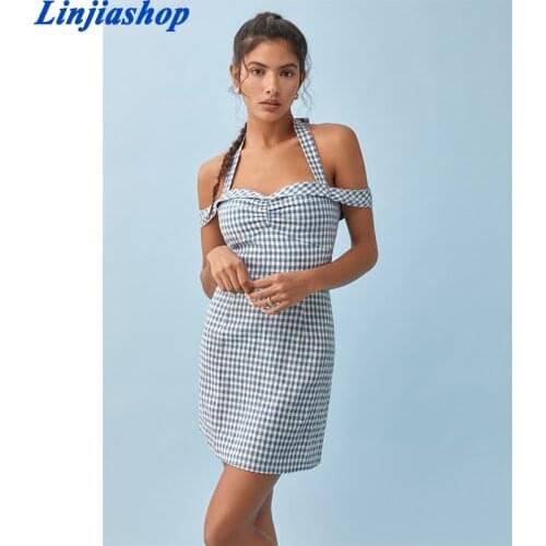Vintage Blue Tartan Print Cotton Dress Cute Choker Vestido Fashion Off Shoulder Women Mini Dress