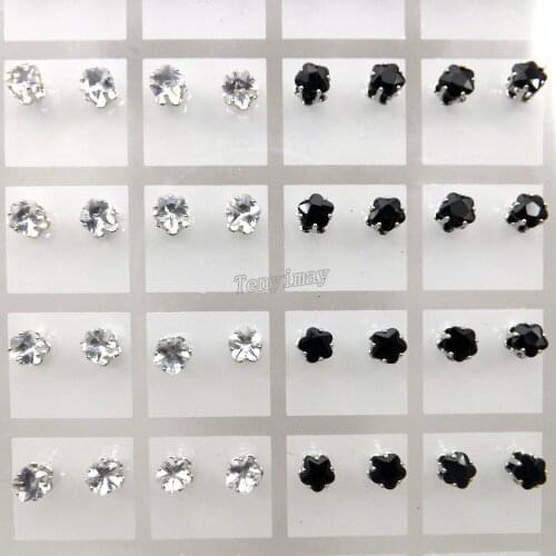 36 Pairs Black And Transparent 5mm Flower Designed Zircon Earring Studs For Girls