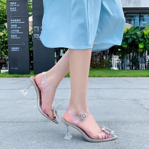 7.5CM 2020 New Gold Silver PVC Transparent Rivet Diamond Pumps Sandals Perspex Heel Pointed Toe Crystal Silver Wedding Pumps
