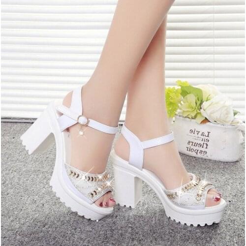 2018new thick with sandals female summer diamond fish mouth thick bottom muffin waterproof platform with high 35-40Fast shipping