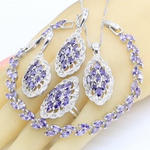 Purple Zircon Silver Color Jewelry Sets for Women Marquise Stones Bracelet Necklace Pendant Earrings Ring Gift Box