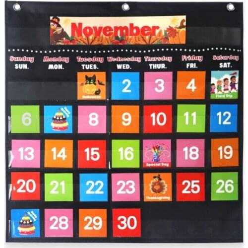 Black Calendar Weather Pocket Chart with 88 Cards Clear Cards Holder Pocket Ideal for Kindergarten Whiteboard Home Retailsale