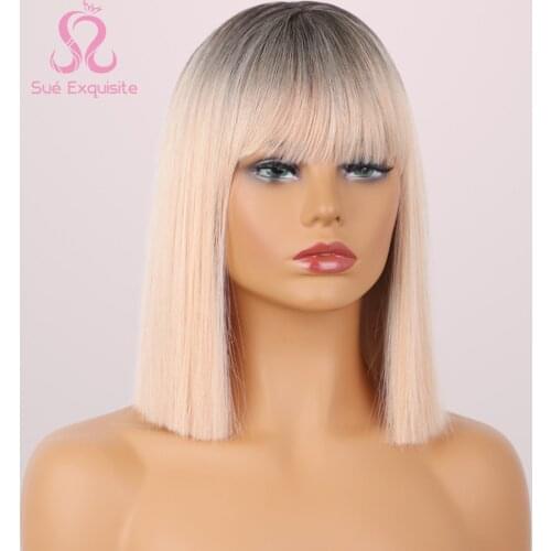 SUe EXQUISITE Short Bob Wig With Bangs for Women Synthetic Wigs Black Pink Purple Red Wig for Black Women Cosplay Wig