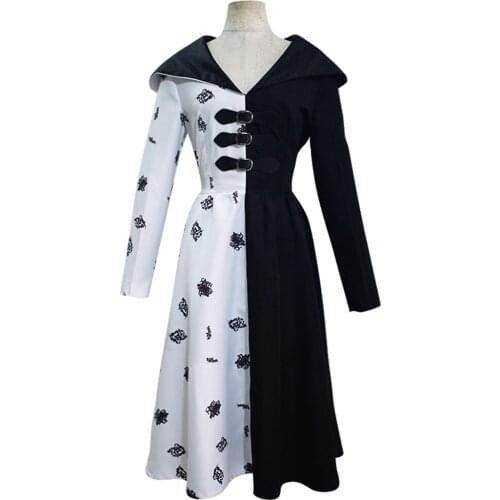 Cruella Cosplay Costume Black White Coat Dress Outfits Halloween Carnival Suit