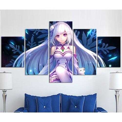 Home Decor Modular Canvas Picture 5 Piece Emilia Re Life in a Different World from Scratch Anime Painting Poster Canvas Painting