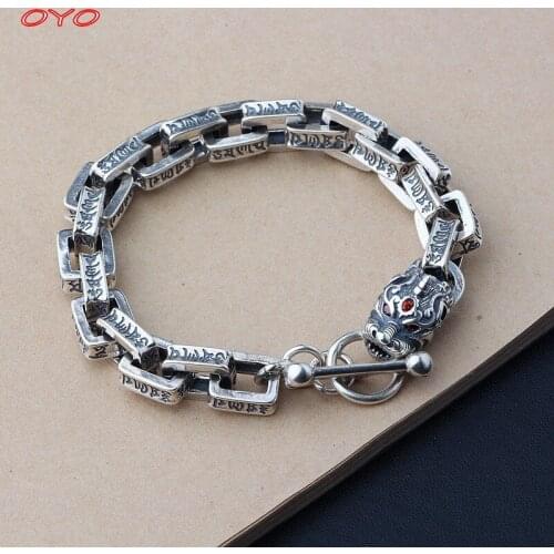 New S925 Silver Vintage Old Bracelet Mens Six-character Mantra Pixiu Bracele