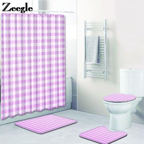 Bath Mat and Shower Curtain Set Bathroom Decor Carpet Absorbent Lattice Printing Toilet Mat Rugs Flannel Foot Mat Set