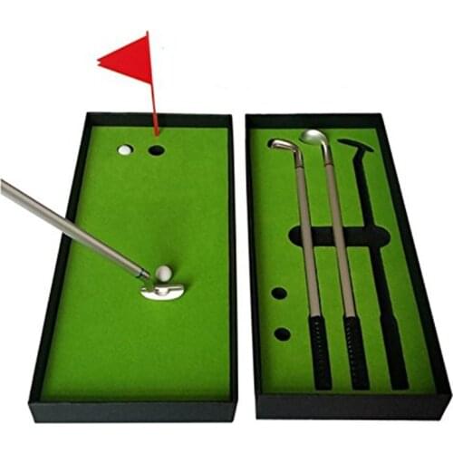 Golf Pen Set Mini Desktop Golf Ball Pen Gift Set with Putting Green,Flag, Metal Golf Clubs Models Ballpoint Pens 2 Balls