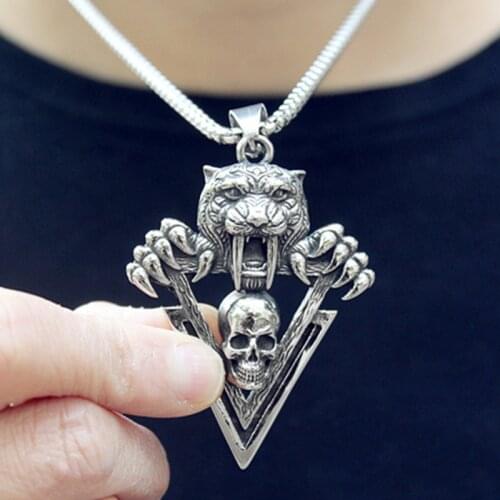 Mens New Fashion 316L Stainless Steel Metal Punk POP Tiger Tooth Skull Pendant Necklace Retro Personality Jewelry Gift Collar