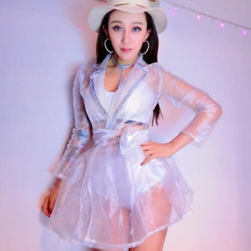 Sexy Perspective White Net Yarn Stage Coat See Through Mesh Clear Transparent Long Sleeve Jacket Sunsreen Coat Pajama Party