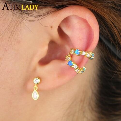 1 piece fire opal Earrings minimal delicate Ear Cuff Clip On round cz circle blue colors No Piercing Women earring Accessories