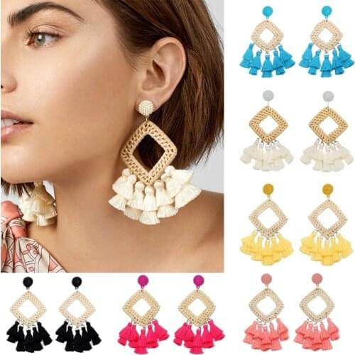 Handmade Grass Tassel Earrings Square Long Dangle Earring 2020 Kolczyki Beach Seaside Fashion Jewelry Accessories Aretes 2020