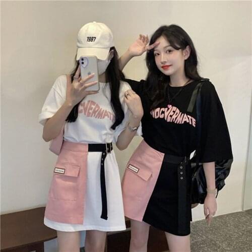 Loose Oversized T-shirts Letter Printing Plus Long Half-sleeved Harajuku Hip-hop Streetwear+Asymmetrical Skirt y2k Kawaii Tops