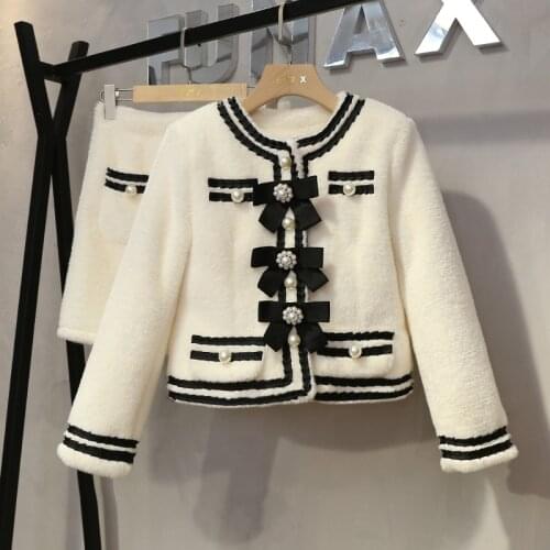 Imitation Mink Velvet Ensemble Femme Fall Winter New Retro Sweet Bow Striped Patchwork Short Coat + Mini Skirt Sets