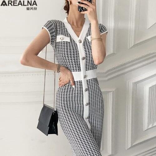 Knitted Houndstooth Dresses for Women 2021 Summer Korean single breasted Elegant Sexy short sleeve V-neck Party Bodycon Dress