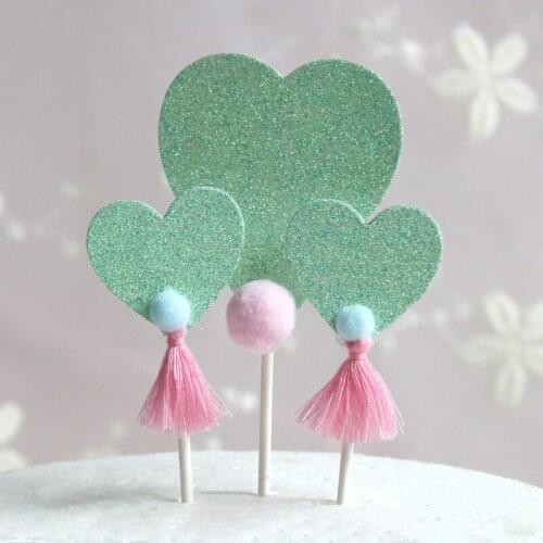 3 Pcs/set Creative Colorful Heart Tassel Pompom Cake Topper Card Inserted Dessert Cupcake Birthday Party Wedding Decoration