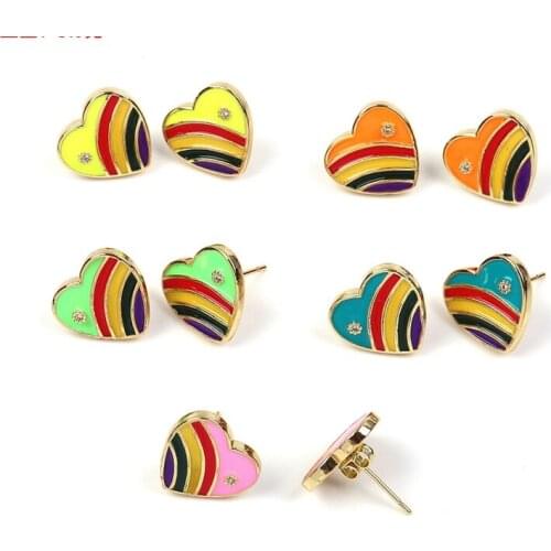 6Pairs Popular copper rainbow enamel stud earring heart Shape earring jewelry for women