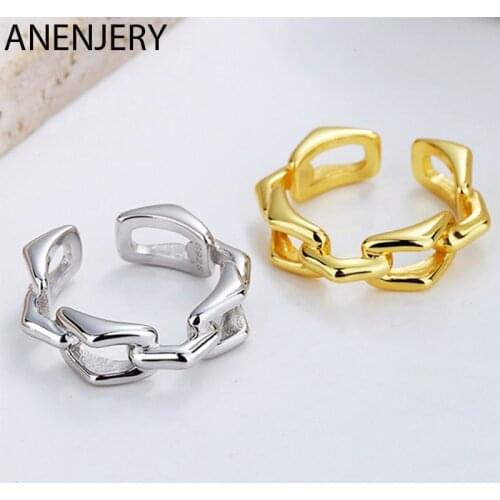 ANENJERY 925 Sterling Silver Geometric Chain Rings For Women Men Simple Personality Golden Rings Wholesale