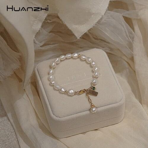 HUANZHI 2019 Baroque Irregular Natural Freshwater Pearl Gold Link Chain Crystal Ball Bracelets for Women Girl Summer Jewelry