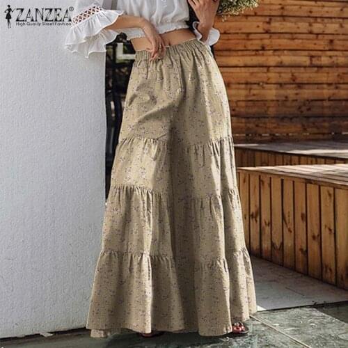 Bohemian Print Ruffle Pants Womens Trousers ZANZEA 2021 Casual High Elastic Waist Long Pantalon Female Floral Flare Turnip