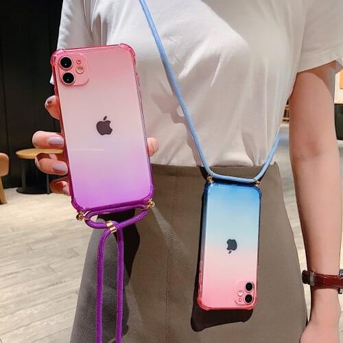Lanyard Cord Chain Gradient Color Clear Case for iPhone 12 Mini 11 XS Pro Max XR Hanging Rope Crossbody Strap Shockproof Cover