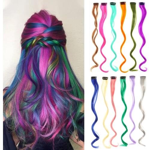 Clip In One Piece Color Hair Long Wavy Colorful Rainbow Synthetic Hair Extensions 22 Inch Party Highlights For Women Kids Girls