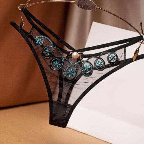 Flower Embroidery Panties Women Sexy Thong Transparent Lace Sheer Mesh Hollow Out G-string Womens Underwear Majtki Koronkowe