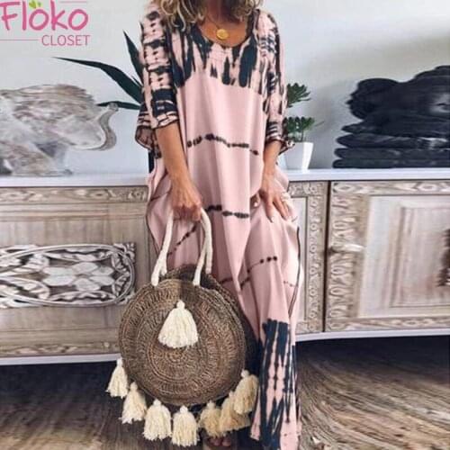 Flokocloset Loose O-Neck Tie Dye Print Dress Causal Short Sleeve Basic Maxi Dresses for Women Party Vintage Sundress