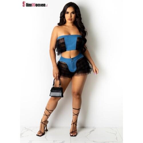 Fuffles Pacthwork Women Short Mesh Jeans Lmitation Denim Shorts Set Woman Summer Two Piece Jeans Sets Corset Crop Top and Shorts