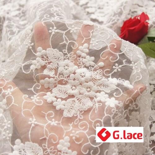 GLace 3Y/Lot soft mesh fabric 3D cotton line embroidery lace fabric fresh dress material decoration clothing accessoriesTX096