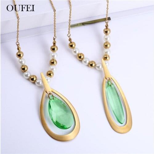OUFEI Green Zircon Necklace Earrings Set Of Earrings For Women Stainless Steel Jewelry Sets Woman Accessories Free Shipping