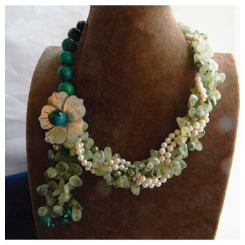 4 Strands 19'' 15mm Round Malachite White Freshwater Pearl Necklace