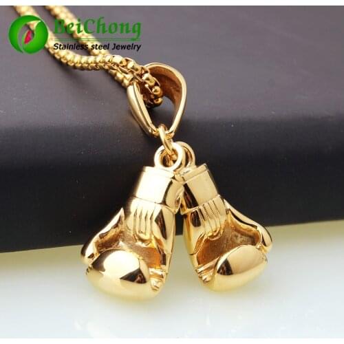 10 pieces/lot) Men Necklace & Pendant Gold Color Stainless Steel Chain Pair Boxing Glove Charm Fashion Sport Fitness Jewelry