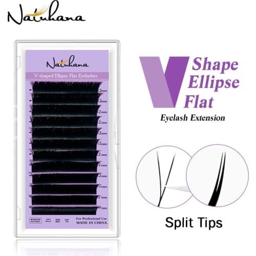 NATUHANA V-shaped Ellipse Flat Mink Eyelash Extension Premade Volume Split Tips Auto-Fans 2D Eyelashes Natural Soft False Lashes