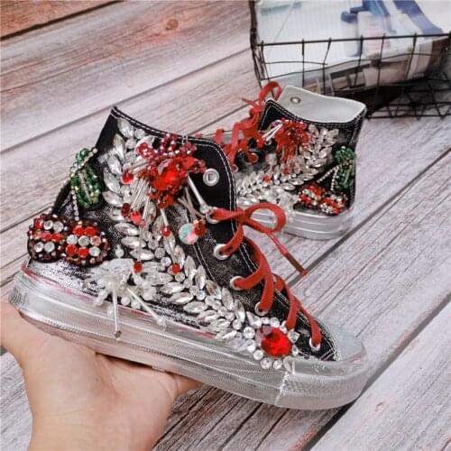 2021 spring and autumn new European fashion heavy industry beaded solid color parquet high-top canvas womens shoes