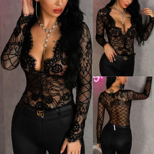 New Lace Bodysuits Women Sexy Slim Lace Sheer Long Sleeve Bodysuit Bodycon Jumpsuit Romper Leotard Tops Blouse Playsuit