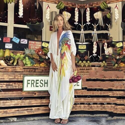 2021 Boho Parrot Printed Bikini Dress White Chiffon Tunic Plus Size Long Kimono Women Beach Wear Swim Suit Dresses A875