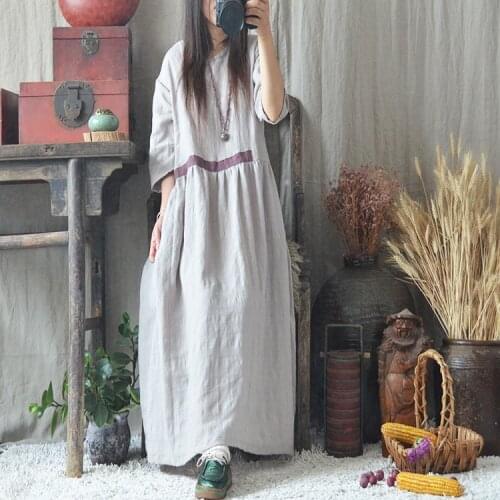 Women Three Quarter Sleeve Loose Dress Ladies Vintage Robe Dress Female Loose Retro Dresses