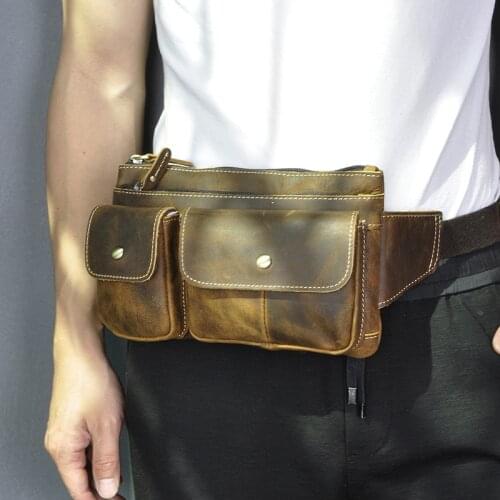 Quality Leather men Casual Design Waist Belt Bag Chest Pack Fashion Cowhide Travel 7" Phone Cigarette Case Pouch Male 9802
