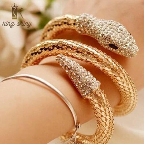 Exaggerated Punk Crystal Snake Bracelet for Woman Vintage Shiny Rhinestone Inlaided Cuff Armlet Bangle Birthday Gift for Female
