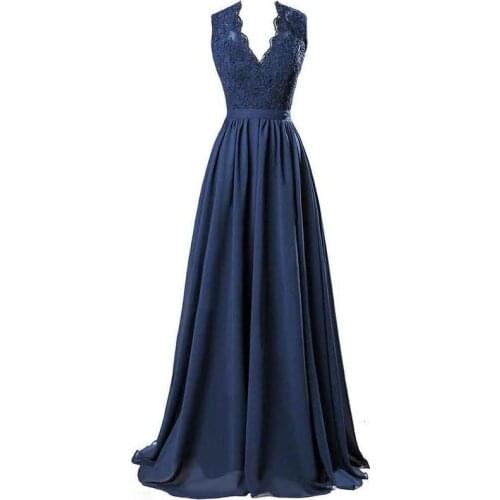 Simple Navy Blue Bridesmaid Dresses V-Neck Sleeveless A-line Wedding Party Gown Lace Chiffon Wedding Guest Dress Formal Vestidos