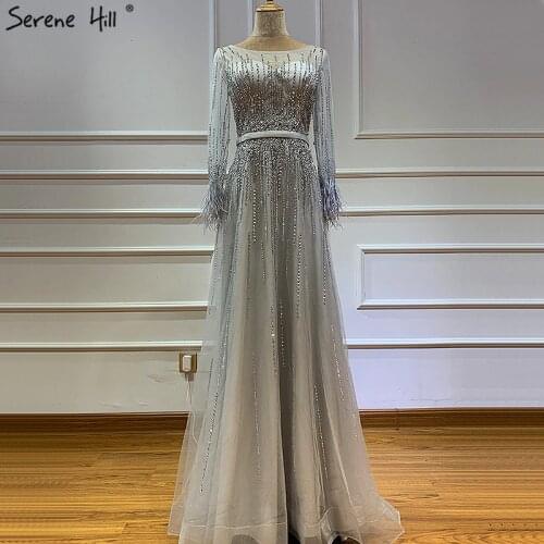 Grey Luxury Dubai Design Prom Dresses Feathers Long Sleeves Beading Crystal Prom Gowns 2020 Serene Hill BLA60957