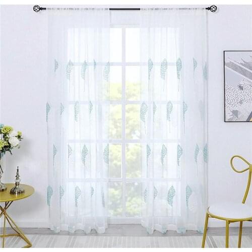 Modern Embroidered Blue Leaves Tulle Curtains for Living Room Bedroom ,Sheer Curtains for Kitchen Window Screen Customized