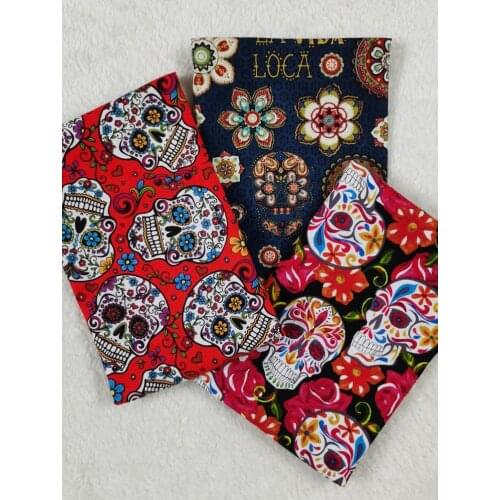 3pcs Cotton fabric 35cm X 25cm Black Skull Antique Finish Blazing Flower Navy Blue Ancient Bundle Patchwork DIY Textile Tissue